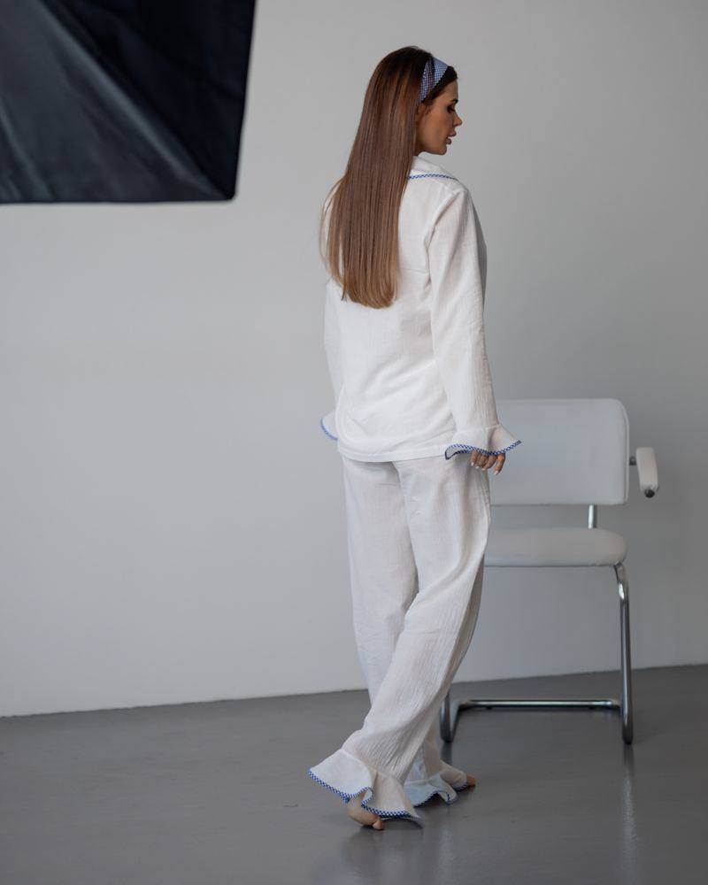 Back view of Camilla white cotton pajama set with full length pants.