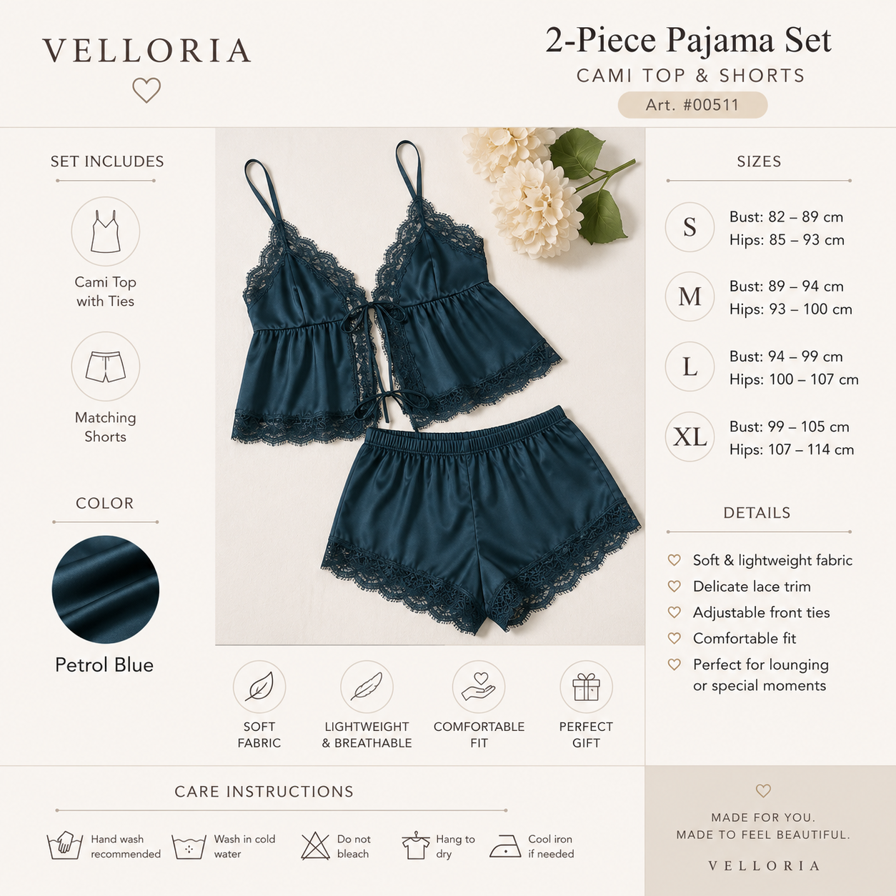 Ivory Lace Pajama Set for Women | Satin Bridal Sleepwear | Cami Top & Shorts | Romantic Loungewear |