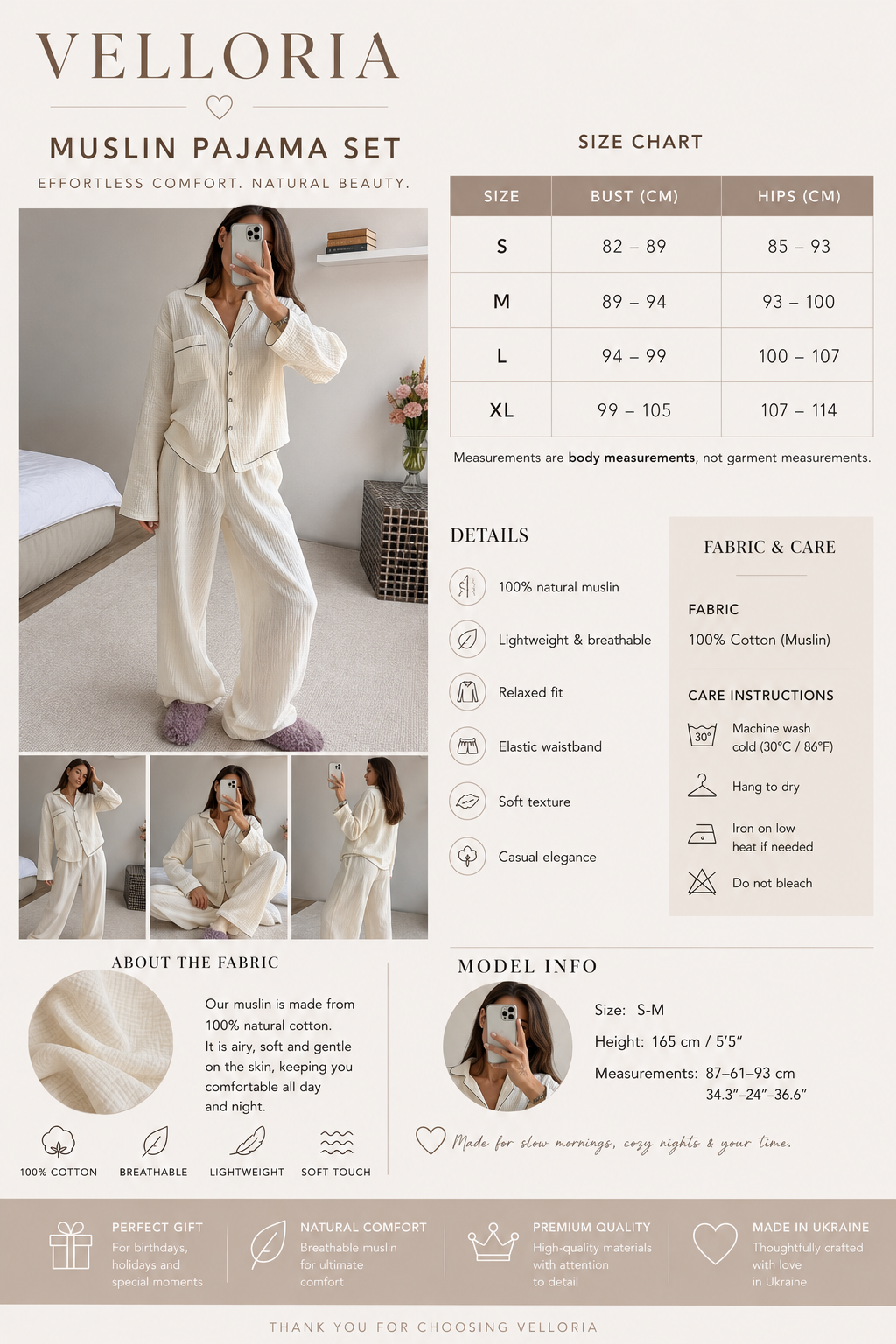 100% Cotton Muslin Pajama Set for Women | Breathable Long Sleeve Lounge Set
