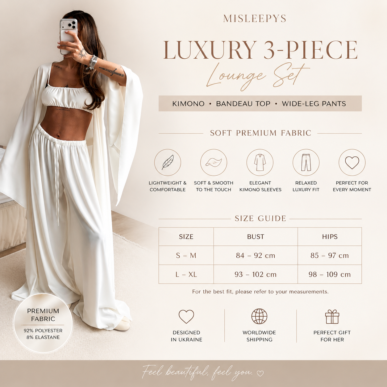 Luxury 3-Piece Lounge Set – Kimono Robe, Bandeau Top & Wide Leg Pants | Soft Ivory