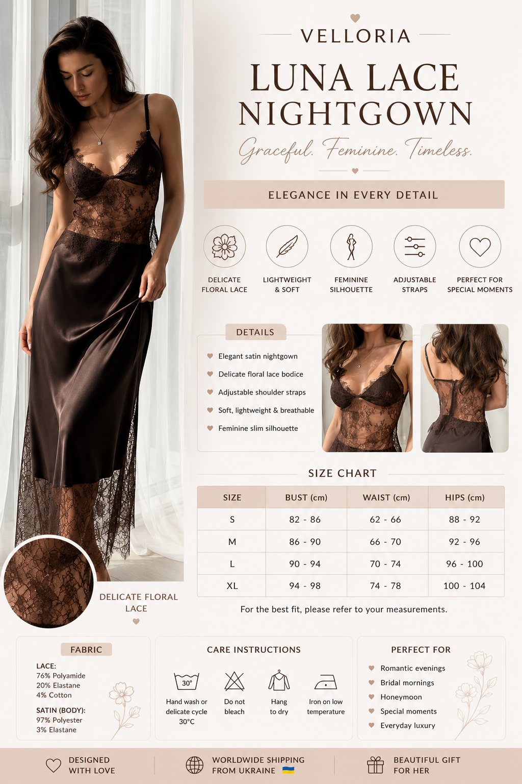 Luna Lace Silk Nightgown | Elegant Satin Sleep Dress |