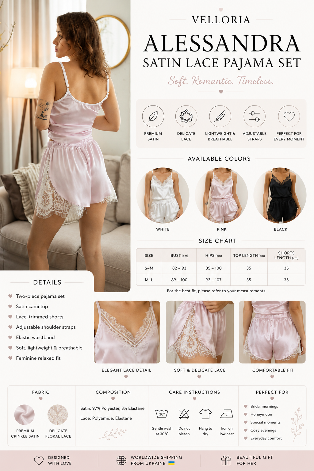 Satin Lace Pajama Set for Women – Luxury Cami & Lace Shorts | White, Pink & Black