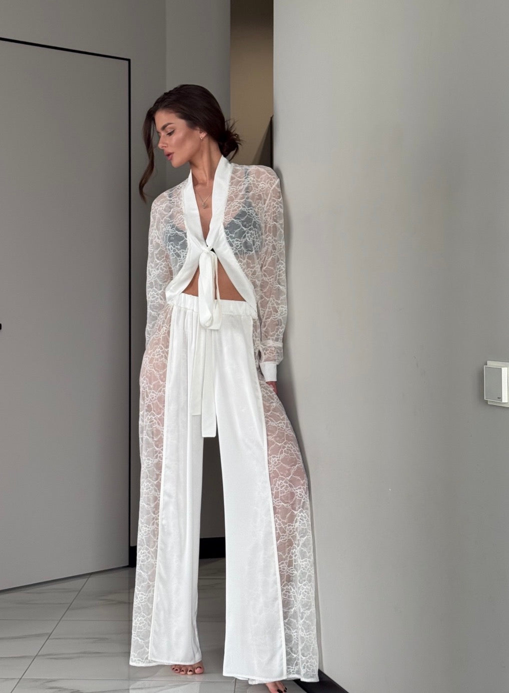 Luxury Lace Bridal Lounge Set with Wide Leg Pants & Tie Front Lace Robe | Bridal Pajamas | Wedding Morning Outfit