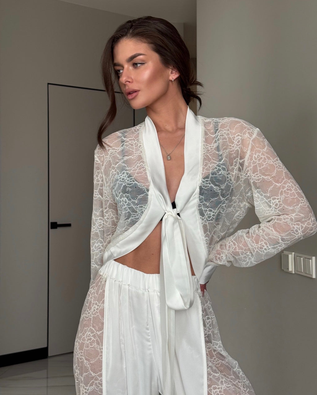 Luxury Lace Bridal Lounge Set with Wide Leg Pants & Tie Front Lace Robe | Bridal Pajamas | Wedding Morning Outfit