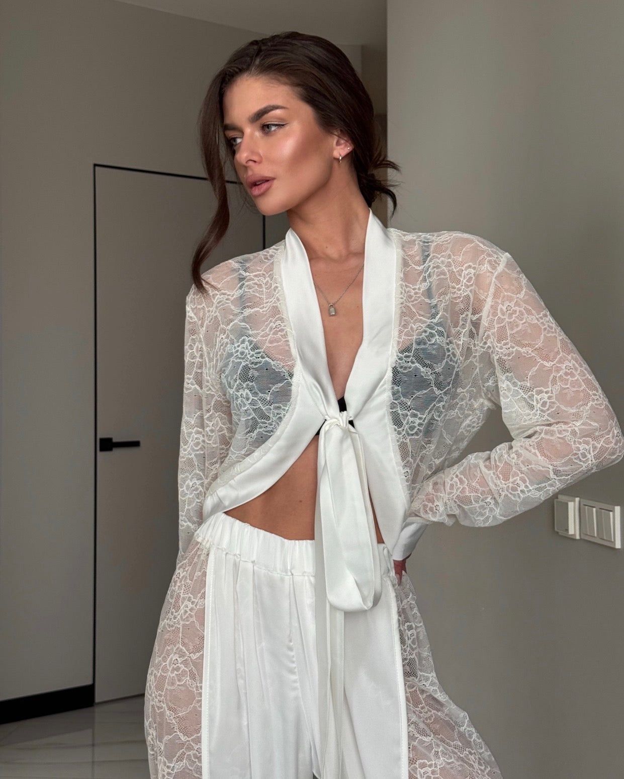 Luxury Lace Bridal Lounge Set with Wide Leg Pants & Tie Front Lace Robe | Bridal Pajamas | Wedding Morning Outfit