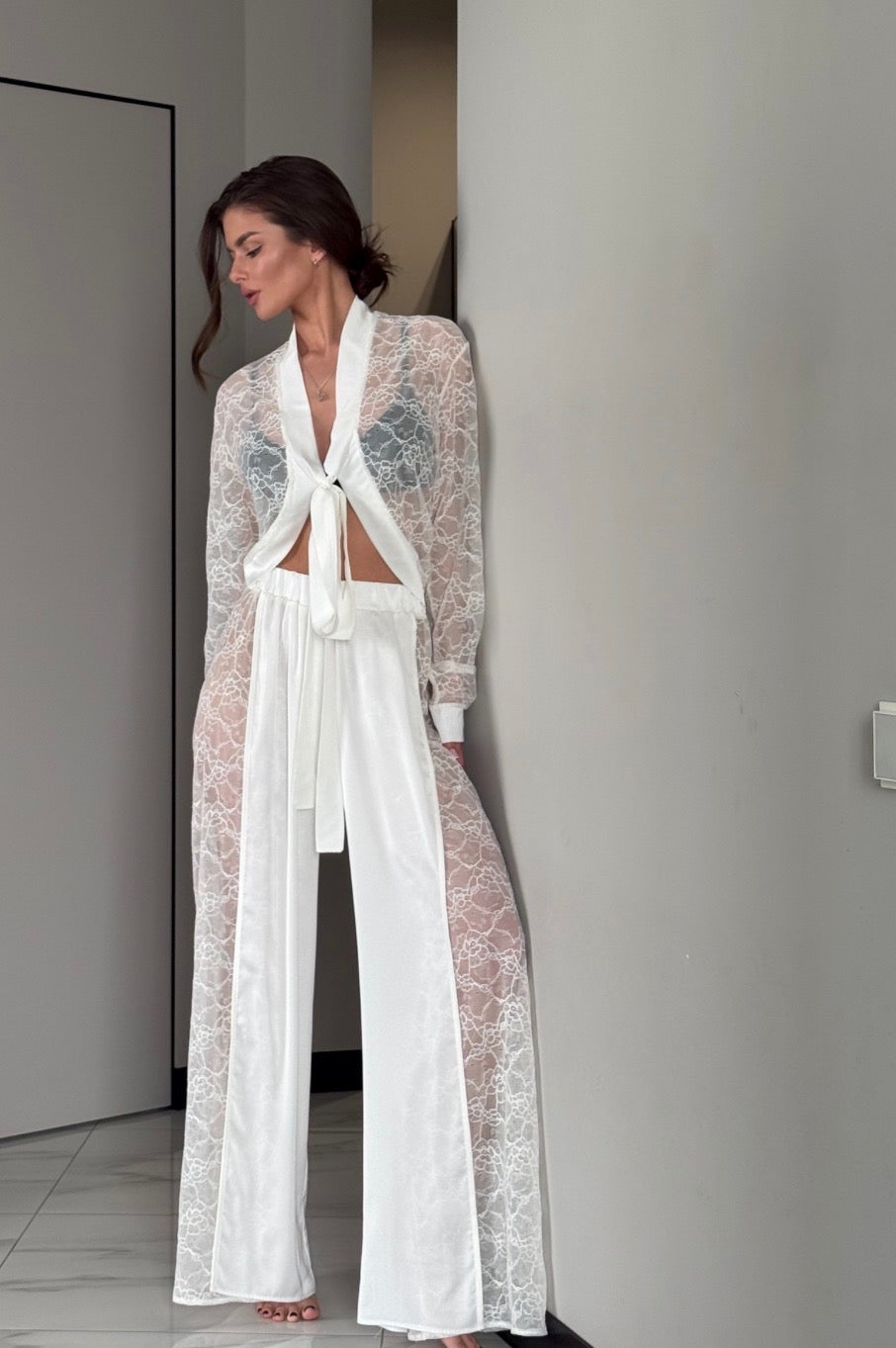 Luxury Lace Bridal Lounge Set with Wide Leg Pants & Tie Front Lace Robe | Bridal Pajamas | Wedding Morning Outfit