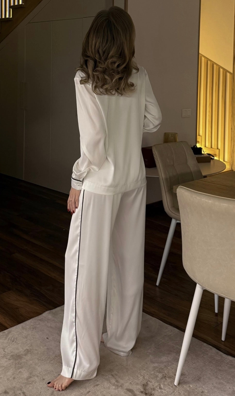 Ivory Satin Pajama Set for Women, Luxury Long Sleeve Sleepwear, Bridal Pajamas, Silk Look Loungewear, Wedding Gift, Soft Nightwear