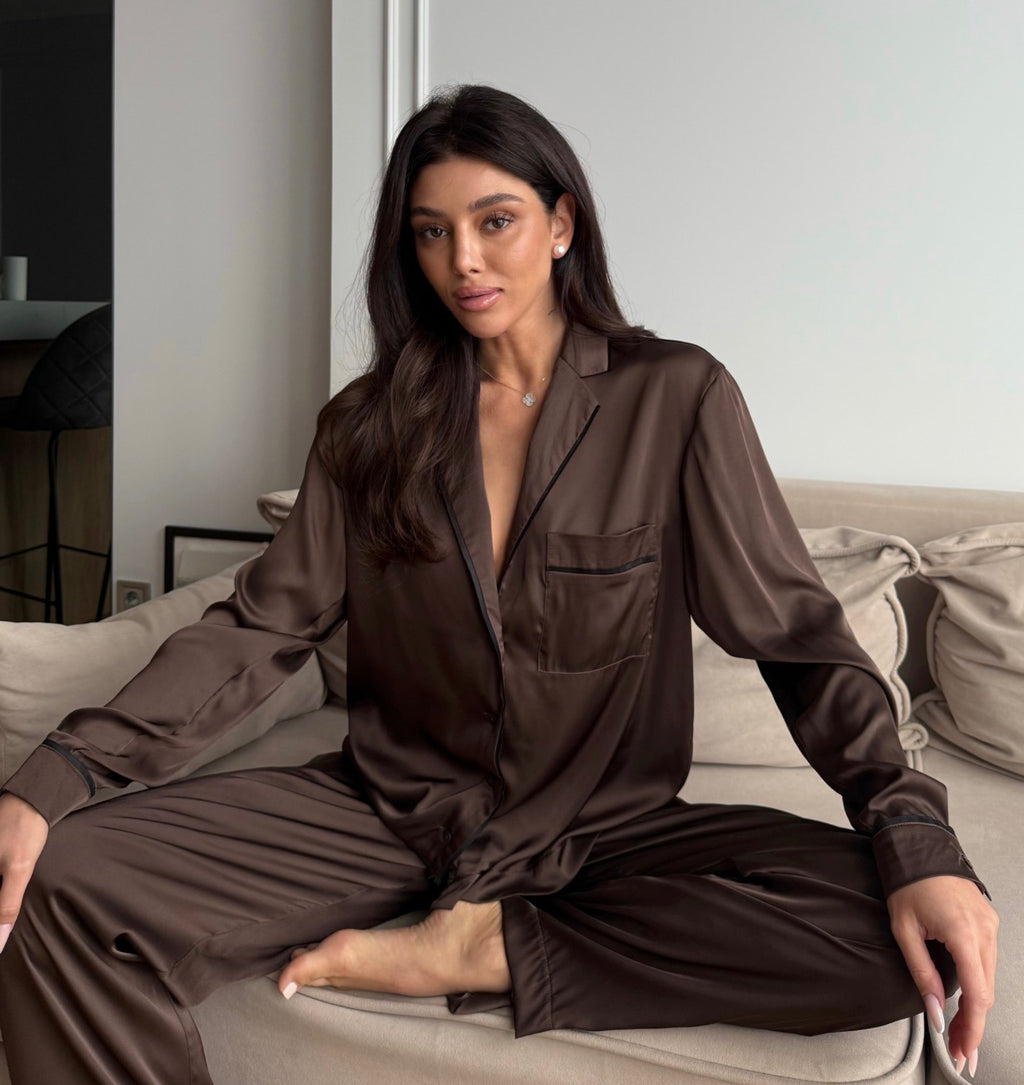 Ivory Satin Pajama Set for Women, Luxury Long Sleeve Sleepwear, Bridal Pajamas, Silk Look Loungewear, Wedding Gift, Soft Nightwear