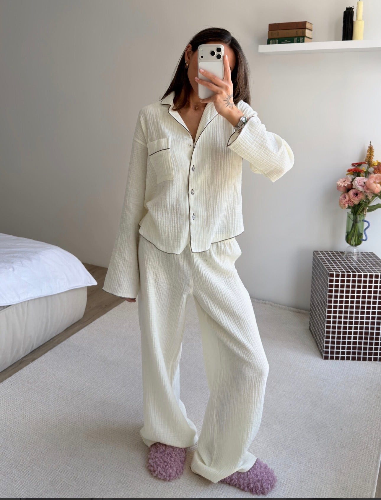 100% Cotton Muslin Pajama Set for Women | Breathable Long Sleeve Lounge Set