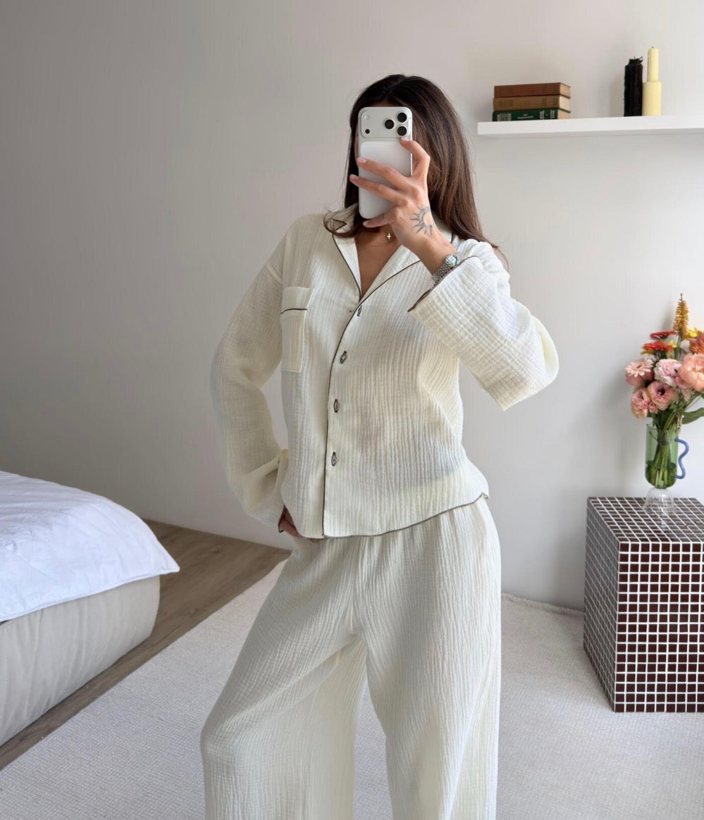 100% Cotton Muslin Pajama Set for Women | Breathable Long Sleeve Lounge Set
