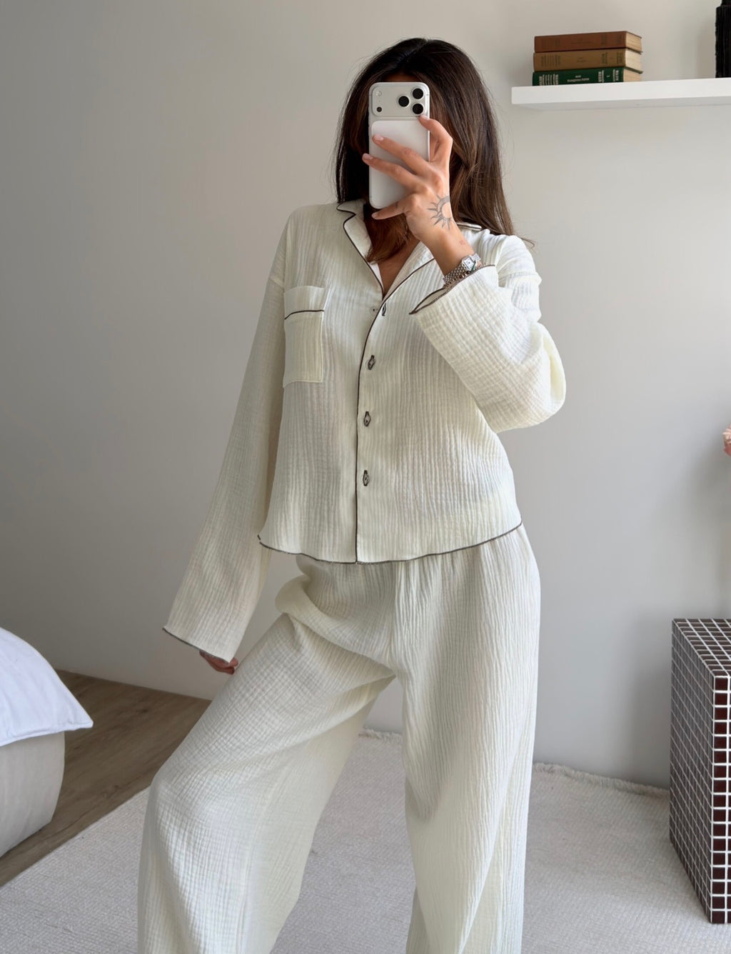 100% Cotton Muslin Pajama Set for Women | Breathable Long Sleeve Lounge Set