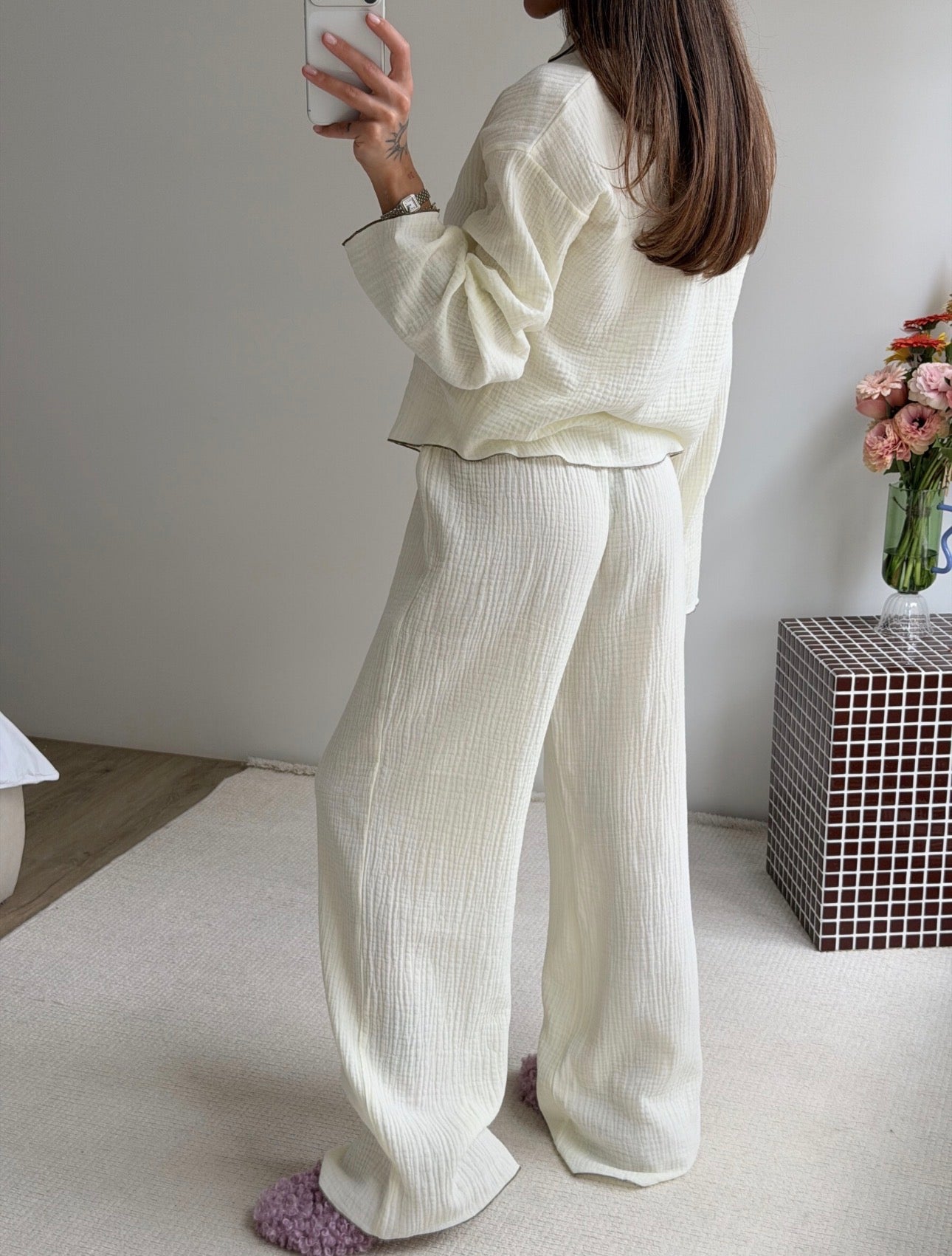 100% Cotton Muslin Pajama Set for Women | Breathable Long Sleeve Lounge Set