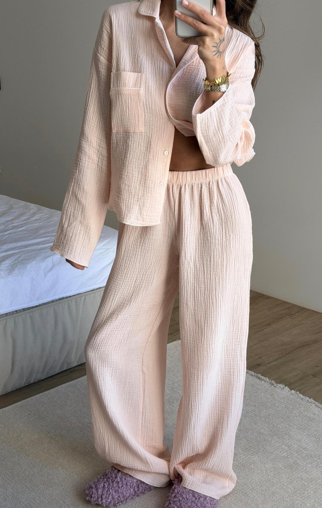 100% Cotton Muslin Pajama Set for Women | Breathable Long Sleeve Lounge Set