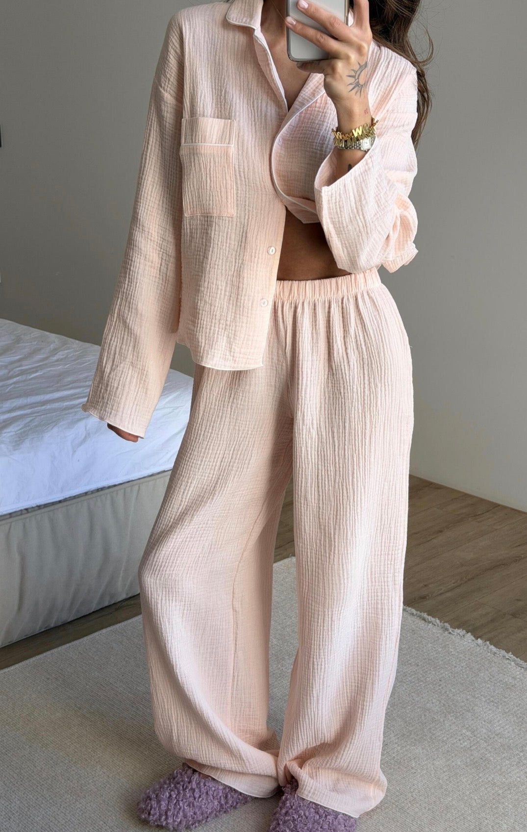 100% Cotton Muslin Pajama Set for Women | Breathable Long Sleeve Lounge Set