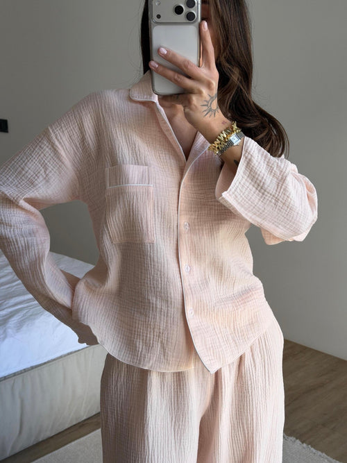 100% Cotton Muslin Pajama Set for Women | Breathable Long Sleeve Lounge Set