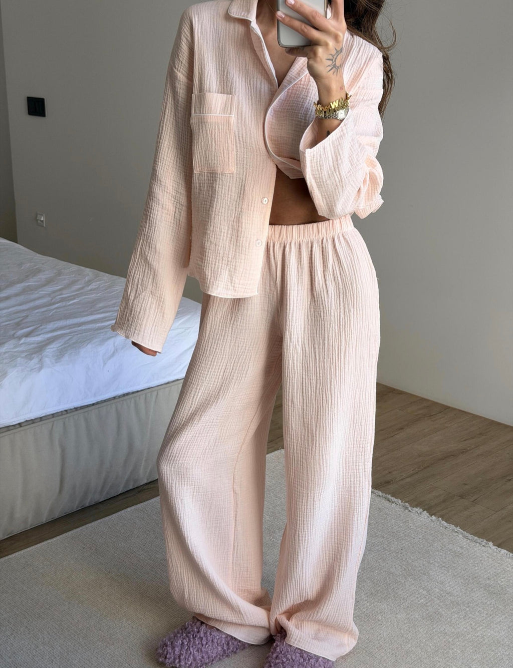 100% Cotton Muslin Pajama Set for Women | Breathable Long Sleeve Lounge Set