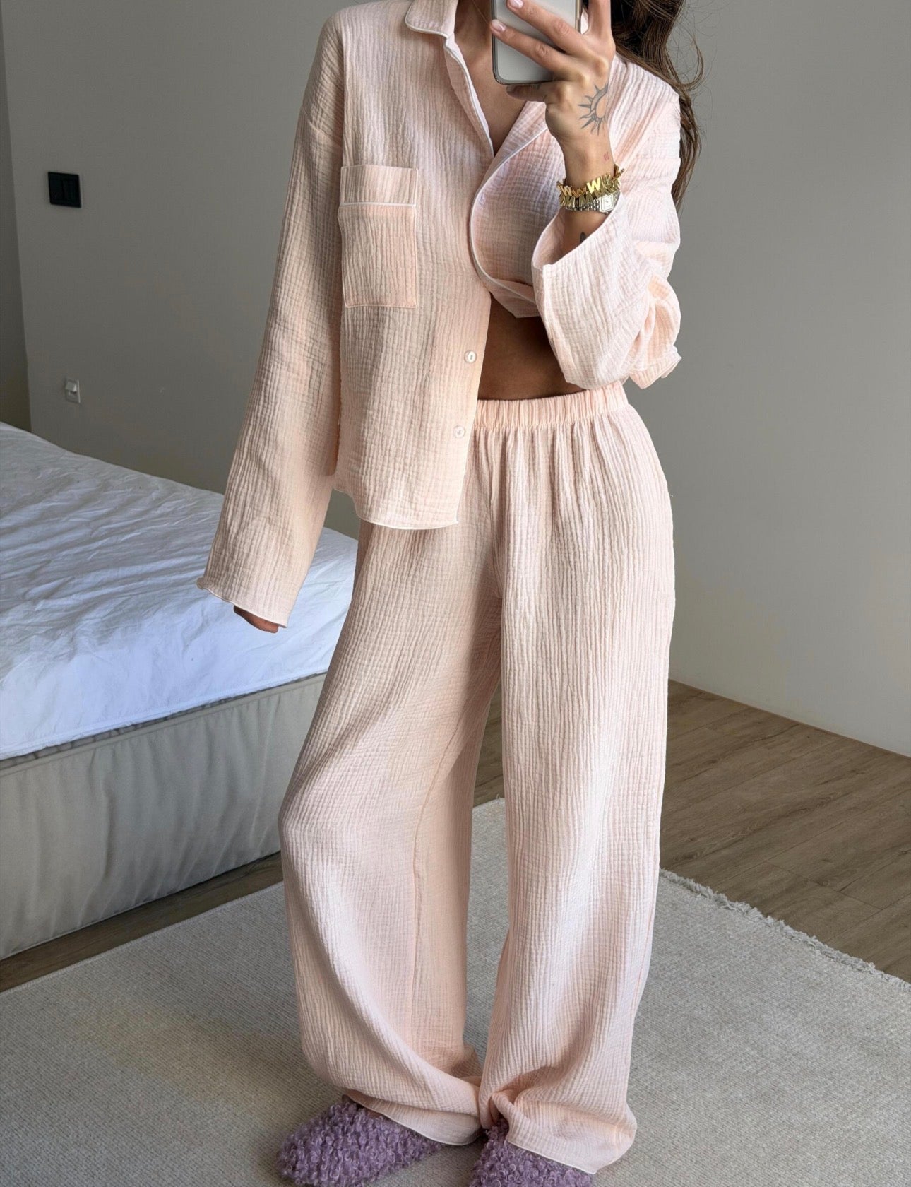 100% Cotton Muslin Pajama Set for Women | Breathable Long Sleeve Lounge Set