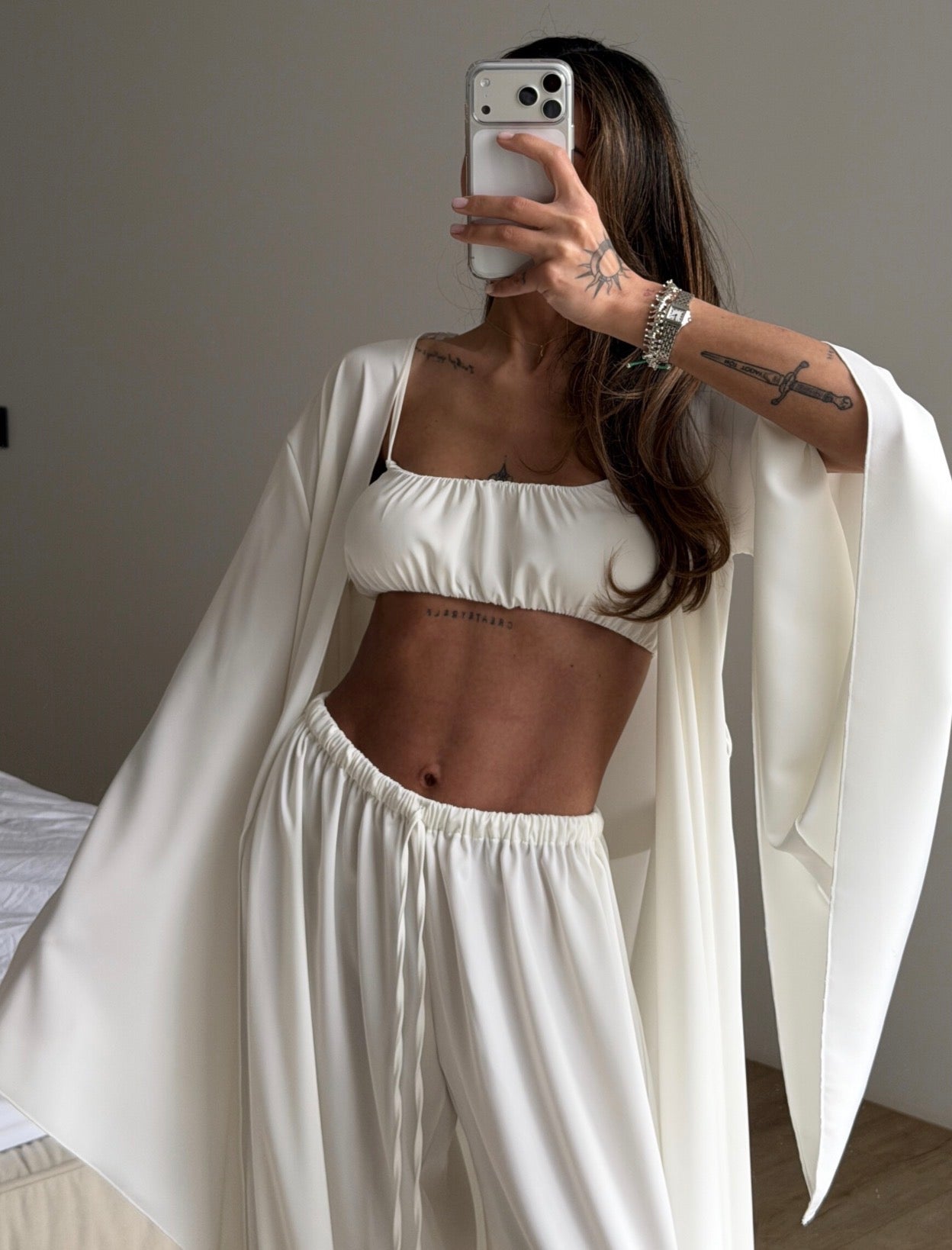 Luxury 3-Piece Lounge Set – Kimono Robe, Bandeau Top & Wide Leg Pants | Soft Ivory