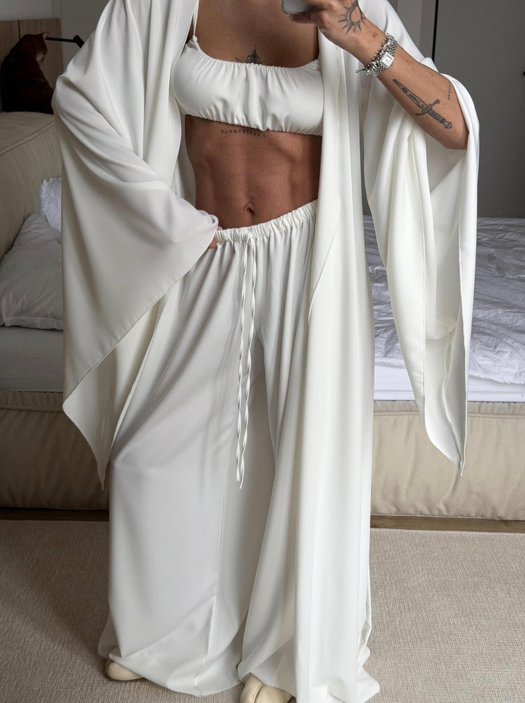 Luxury 3-Piece Lounge Set – Kimono Robe, Bandeau Top & Wide Leg Pants | Soft Ivory
