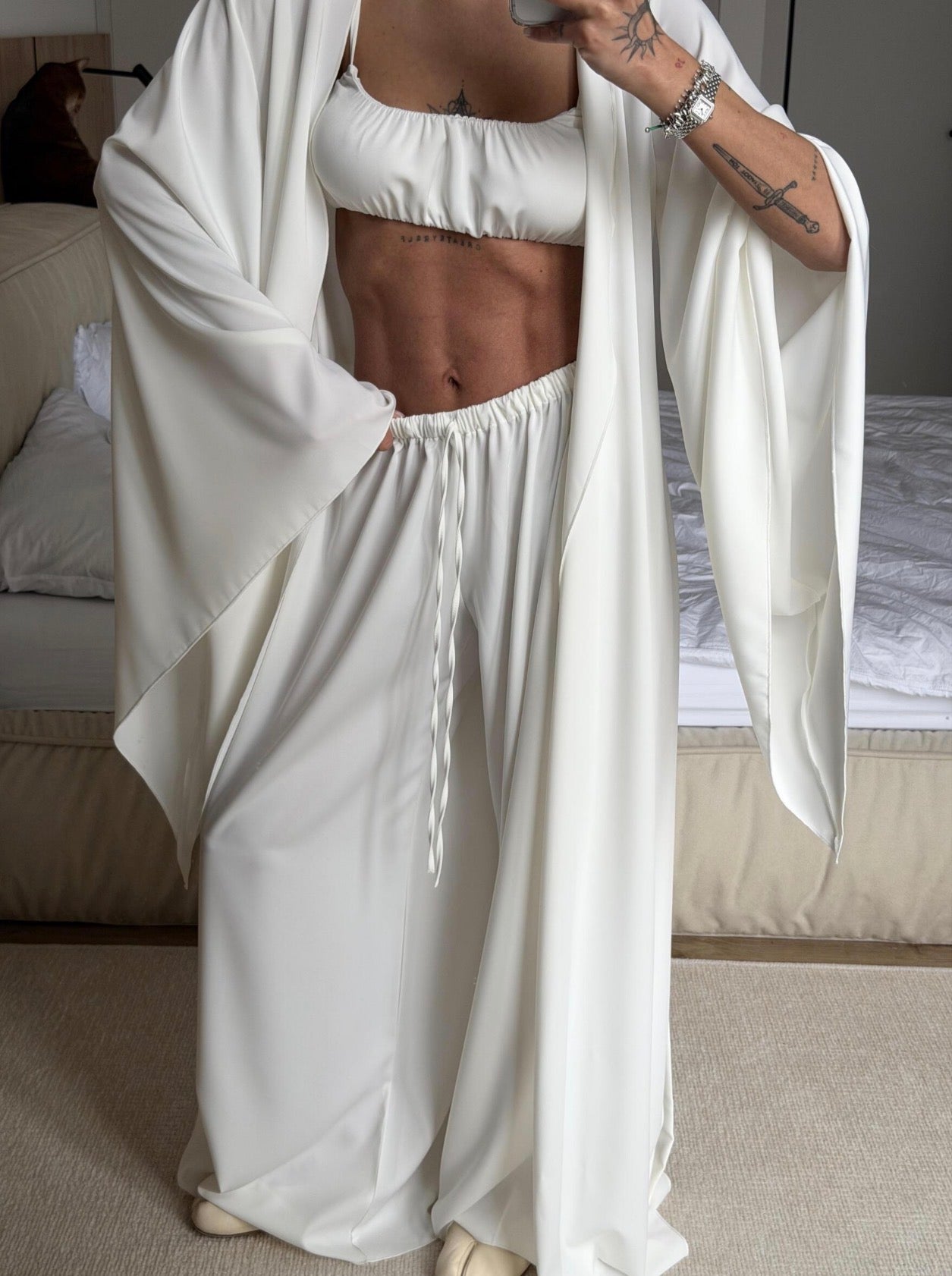 Luxury 3-Piece Lounge Set – Kimono Robe, Bandeau Top & Wide Leg Pants | Soft Ivory