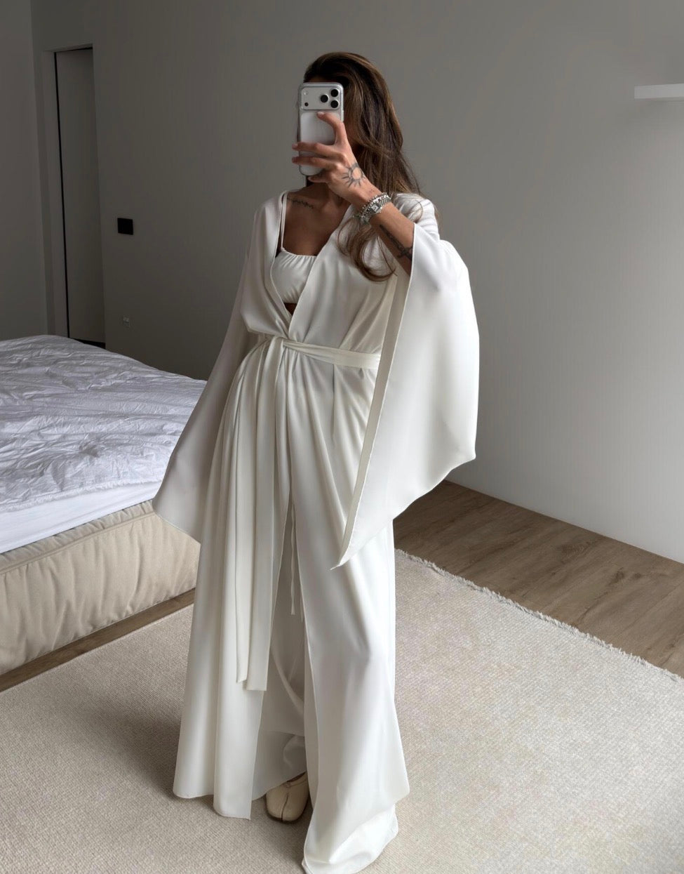 Luxury 3-Piece Lounge Set – Kimono Robe, Bandeau Top & Wide Leg Pants | Soft Ivory