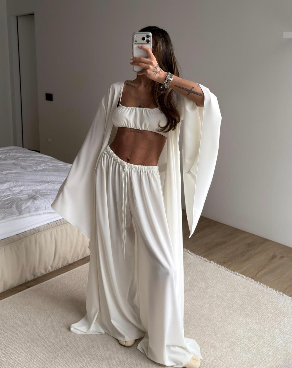 Luxury 3-Piece Lounge Set – Kimono Robe, Bandeau Top & Wide Leg Pants | Soft Ivory